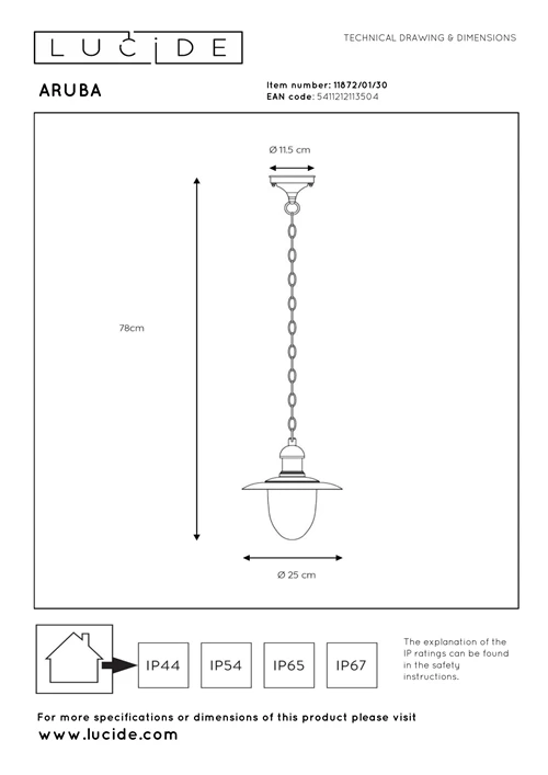 Lucide ARUBA - Pendant light Indoor/Outdoor - Ø 25 cm - 1xE27 - IP44 - Black - technical